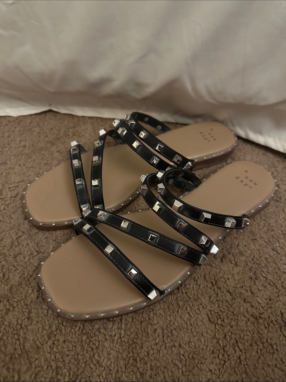 a new day Black Studded Strappy Slide Sandals